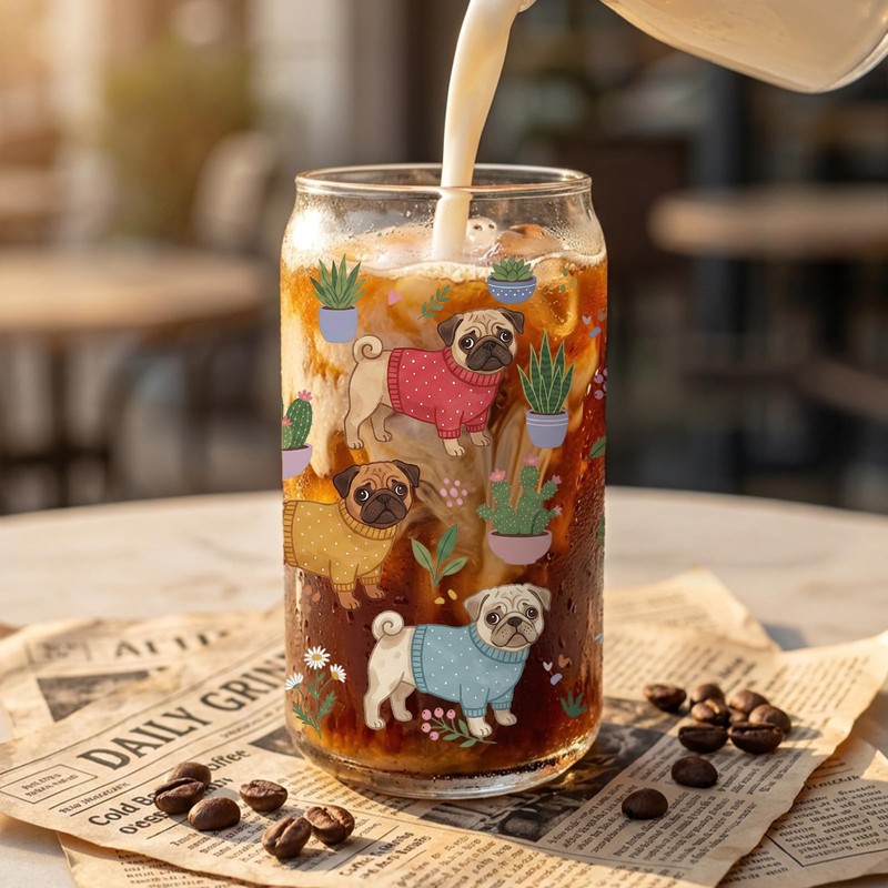 Pug Gift for Women,16 oz Glass Cup with Lids and