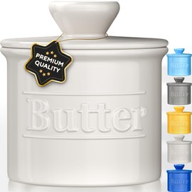 Premium Butter Crock with Lid - Original Design French Butter Dish - Beautiful Ceramic Butter Keeper for Counter with Water Line - Perfect to Keep Butter Soft and Spreadable - White