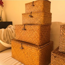 Lid-type rattan basket cafe shop store interior accessory organizer fruit basket Vegetable basket light brown/M