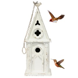 22.4" H Wooden Birdhouse, Hanging Bird Houses for Outside with Pole for Finch, Bluebird, Cardinals, Vintage Church Bird House Garden Patio, Distressed Wood Birdhouse Country Cottages