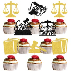 24Pcs Congrats Lawyer Cupcake Topper, Graduation Party Decoration, Lawyer Grad Party Decoration, Best Lawyer Ever, Law School Survivor Case Closed Supplies Gold Black Glitter