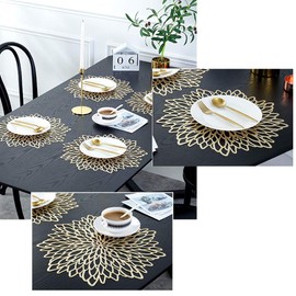 Uposao Set of 2 Round Rose Gold PVC Place Mats, Hollowed Washable Placemats, Heat Resistant, Non-Slip Placemats, Table Mats, Decorative Small Table Mat Set for Kitchen, Home, Dining Table
