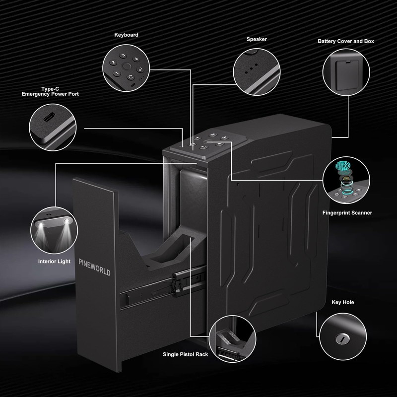 PINEWORLD Gun Safe For Handgun, Biometric Slider Bedside Handgun Safe,