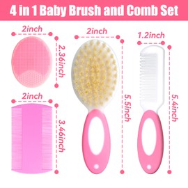 Baby Hair Brush and Comb Set, 4Pcs Baby Soft Bristles Brush Cradle Cap Brush Hair Comb for Newborns Toddlers Boys Girls (Pink)