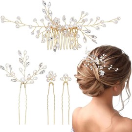 QEDBOJE Wedding Hair Accessories, Gold, Pack of 3 Bridal Hair Pins, U-shaped, Crystal Beads, Bridal Jewellery, Hair Comb, Elegant Hair Accessories for Women and Girls