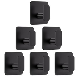 Aikzik Black Hooks for Hanging Heavy Duty, Adhesive Hooks for Shower, Bathroom, Kitchen, Robe, Towel, Coat, Waterproof & Rustproof Hook for Walls No Damage, Sticky Wall Towel Hooks - 6 Pack