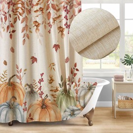 Fall Pumpkins Leaves Linen Shower Curtain Yellow Orange Watercolor Eucalyptus Leaves Fabric Shower Curtain Set with Hooks, Autumn Thanksgiving Harvest Shower Curtains for Bathroom, 71x71 Bath Curtain