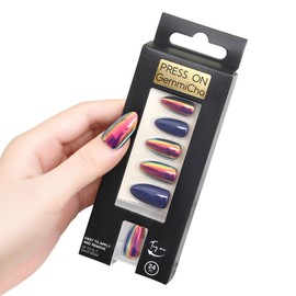 Gemmicho Press on Nails Kit, Mirror Press on Nails, 12 Size 24 Almond Short Press on Nails for Women, Soft Gel Blue Glazed Fake Nail with Nail Glue (Blue, 12 Size)