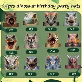HAP FUNN 24pcs Dinosaur Party Hats, Birthday Hats For Dinosaur Decorations Favors, Dino Jungle Theme Party Birthday Supplies