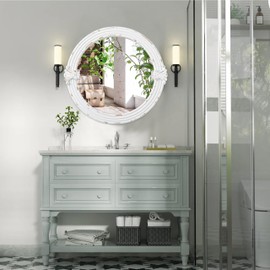 Rustic Round Mirrors for Wall Decor 20 Inch, Hanging Distressed White Floral Carved Wood Frame Circular Mirror for Entryway, Vintage Decorative Bathroom Mirrors for Over Sink