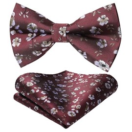 HISDERN Mens Bow Ties Floral Pre-tied Bowtie and Pocket Square Set Classic Burgundy Bow Ties for Men Adjustable Bowties for Wedding Party Business