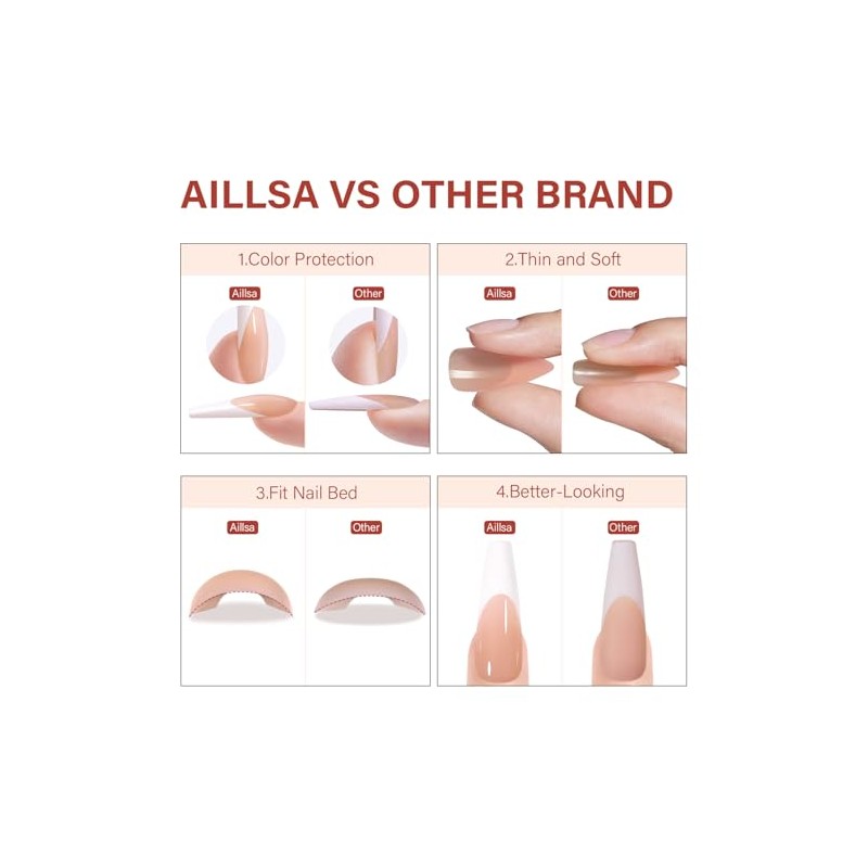 AILLSA Uñas Postizas Francesas de Gel, 180 Unidades, Uñas Largas