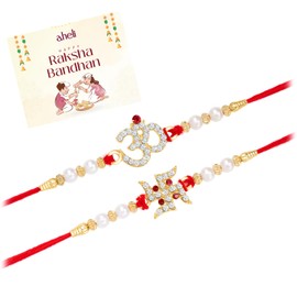 Aheli Crystal & Beads Studded Swastik & Om Rakhi for Brother Raksha Bandhan Rakhi with Greeting Card (Combo, Pack of 2)