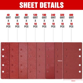 93x185MM Sanding Sheet P40/60/80/120/180/240/320/400 Sandpaper 8 Holes 80PCS for 1/3 Sheet Finishing Sander