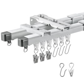 Juexica Retractable Ceiling or Wall Mount Curtain Track 2.8-4.9ft / 0.85-1.5 Meter Room Divider Curtain Rod, Rails Set with Silent Rollers and Hooks for Living Room Bedroom Shower RV (Double)