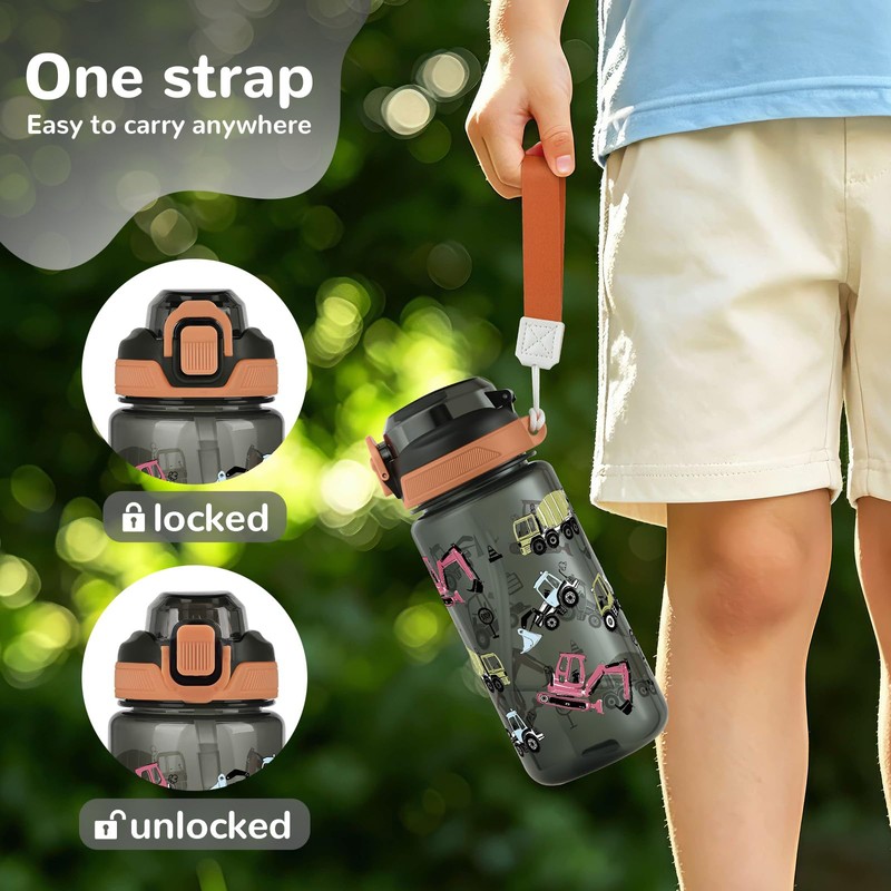 omedecal 20oz Removable Straw Kids Water Bottle, Shark & Excavator