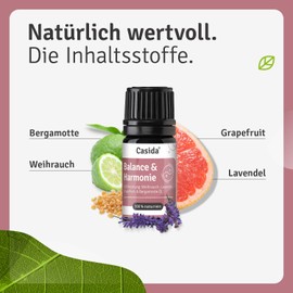 Casida Balance & Harmonie Duftmischung mit Weihrauch Öl, Lavendel Öl, Grapefruit Öl und Bergamotten Öl - 5ml - 100% naturreine ätherische Öle - Aromatherapie