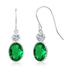 Gem Stone King 14K White Gold Green Nano Emerald and White Topaz Hook French Fish Ear Wire Dangle Earrings For Women (1.48 Cttw, Gemstone May Birthstone, Oval 7X5MM, Round 3MM)