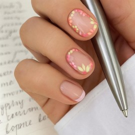 24 Pcs Pink Flower French Tip Press On Nails, Short Oval Shape, Floral Design Natural Base Stick-On Nails with Accessory Tools, Elegant False for Daily Wear Special Occasions (Pink Flower)