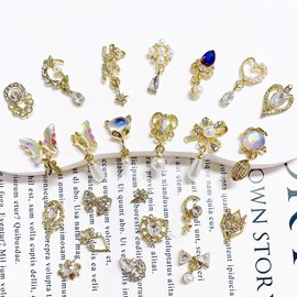 LRESJJIUJ 10pcs Nail Art Charm Decoration 3D Luxury Gold Alloy Pearl Pendant with Diamond Shiny Nail Blended Jewelry Accessories DIY Production for Acrylic Nail Decoration