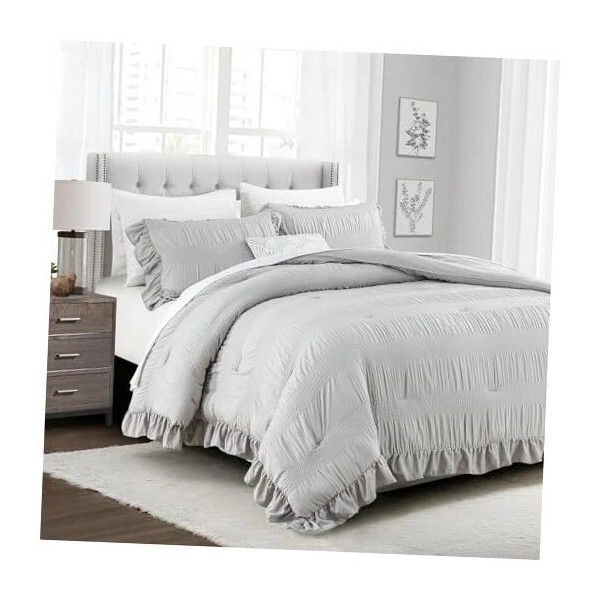Grey Comforter King Size Seersucker Design with Ruffled Edges, Ultra-Soft