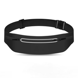 Cangurera Deportiva Ultra Delgada Impermeable, Cinturón de Running Ajustable con 3 Bolsillos y Tira Reflectante, Riñonera Invisible para Celular (Negr