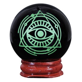 KYEYGWO Obsidian Crystal Ball Decoration with Carved Eye of Providence Pattern, Round Stone Ball Figure with Wooden Stand, Healing Stone Sphere Ornament Gemstone Fortune Telling Ball, Green