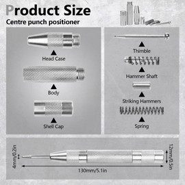 1 Pcs Metal Automatic Center Punch for Metal Heavy Duty, Adjustable 5.1 Inch Spring Loaded Center Punch, Fixed Point Auto Drill Punch Tool for Steel Wood Window Glass Break (Silver)