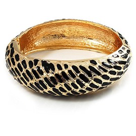 Avalaya Chunky Wide Gold Plated Black Enamel Animal Pattern Hinged Bangle Bracelet/Size M/L