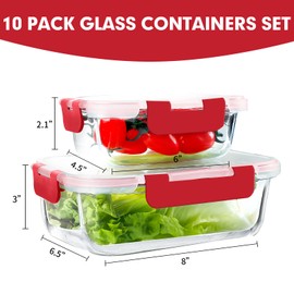VERONES 10Pack Glass Meal Prep Containers, Airtight Glass Lunch Containers,Stackable Glass Food Storage Containers Set with Lids,Exclusive of BPA, for Microwave,Oven, Freezer&Dishwasher Friendly,Red