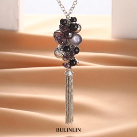 BULINLIN Long Silver Necklaces for Women Long chunky Pendant Necklace Sweater Chain Mothers Day Gifts Boho Costume Jewellery for Women(Black)
