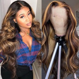 24 Inch Highlight Ombre Lace Front Wig Human Hair Colored 4/27 13x6x1 HD Transparent Lace Frontal Wigs Ombre Blonde Body Wave Human Hair Wigs for Women 150 Density