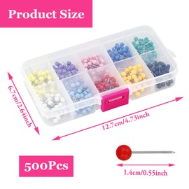 500 Pcs Map Push Pins - 1/8 Inch Round Head Tacks with Steel Points, 10 Colors for World Map, Cork Board, Fabric Marking, and Dressmaking
