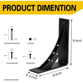 PICESA Heavy Duty Shelf Brackets，max Load 900 LBS,Premium Alloy Metal Mantel Brackets , (Set of 2) Fireplace Mantel Brackets - Countertop Support Brackets (MATTE BLACK, 9 inch x 8 inch)