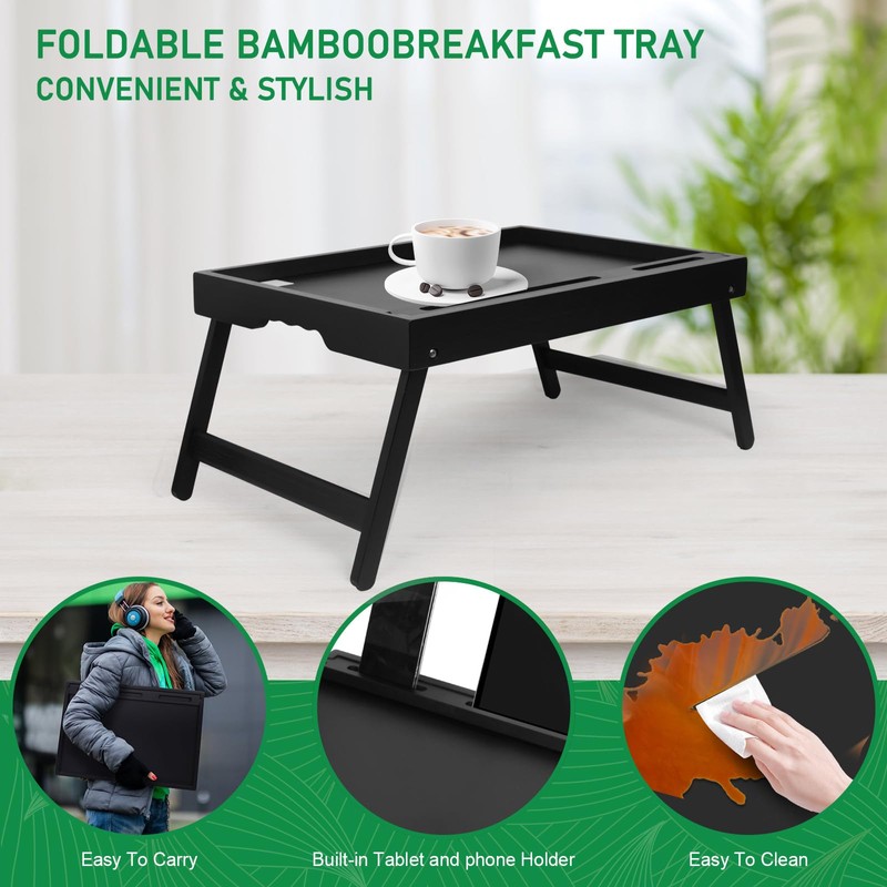 Artmeer Bamboo Bed Tray Table with Folding Legs, Phone/Tablet Holder,
