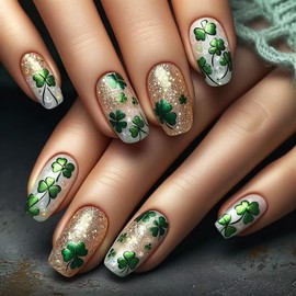 24Pcs Shamrock Square Press on Nails St Patricks Day Glue on Nails Gold Glitter Fake Nails Glossy Full Cover Acrylic Nails Cute Clover False Nails St. Patrick's Day Stick on Nails for Women Nail Art