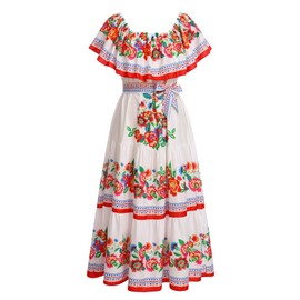 OBEEII Mexican Dress for Women Off Shoulder Floral Print Maxi Dress Summer Sleeveless Casual Party Beach Vacation Dresses White XL