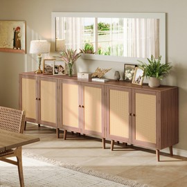 Huuger Buffet Cabinet with Storage, Storage Cabinet with Synthetic Rattan Decor Doors, Accent with Solid Wood Feet, Sideboard for Hallway, Entry, Living Room, Walnut