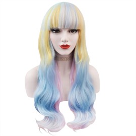 Winrase Multi-color Long Wavy Curly Wig Flat Bangs Women Girls Cosplay Wig for Party or Festival with Wig Cap (Rainbow B)