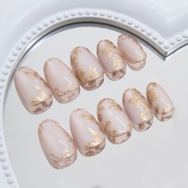 XZMeiLun Spring Summer Gold Leaf Press On Nails Round Short, Pink Press On Nails, Designer Reusable Acrylic Nails Press Ons, Fake Nails With Glue On Nails, Daily Wear False Nails For Women