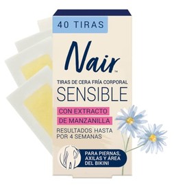 Nair Tiras de Cera Fría Corporal Sensible 40 piezas. Marca Probada por Dermatólogos con Extracto de Manzanilla, Piel Suave y Tersa hasta por 4 Semanas