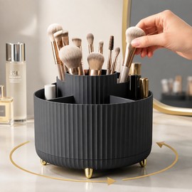 Rotating Makeup Brush Holder Organizer for Vanity Storage – 360° Spin Design with 5 Compartments for Beauty Tools and Desktop Organization