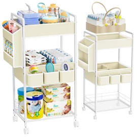 JBBTOOL Baby Diaper Caddy Organize, 3 Tier Rolling Diaper Cart, Diaper Caddy with Dividers for Nursery, Bedroom, Changing Table, Crib, Large Capacity Detachable Bedside Cart with Wheels