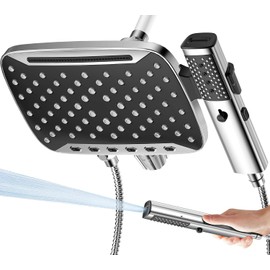 JDO High Pressure Rain Shower Head with Handheld Spray, 7 Modes Dual Shower Head Combo, 10 Inch Rainfall Showerhead Detachable, Power Wash for Bathroom Cleaning