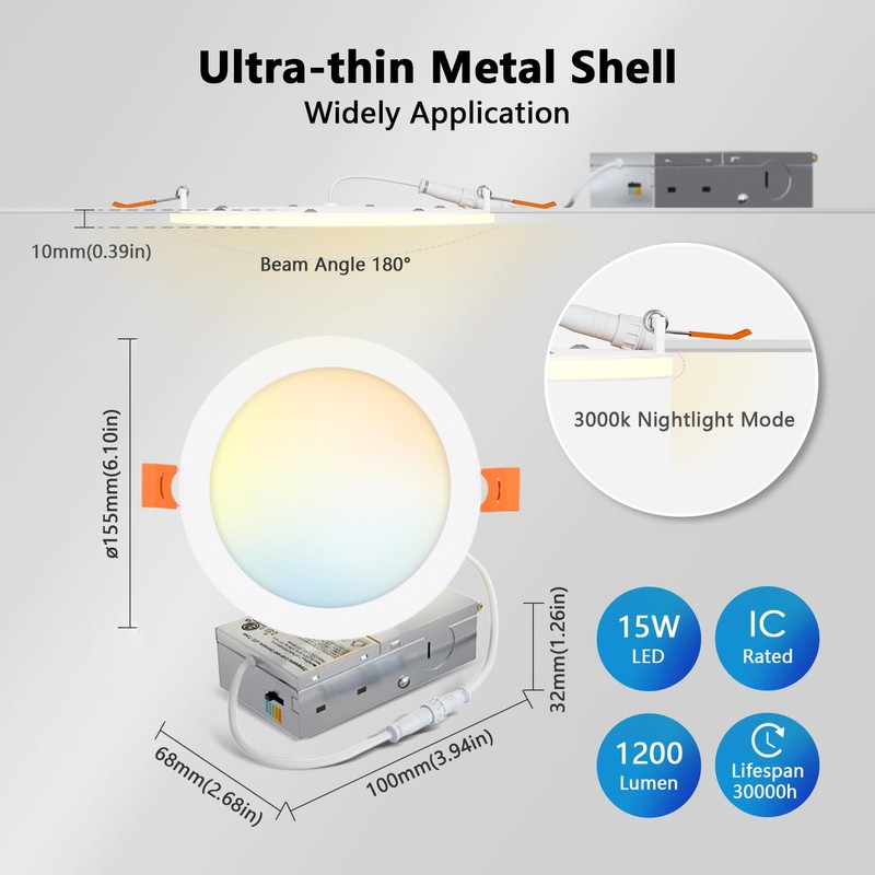 LVWIT 6 Pack 6 Inch LED Recessed Light with Night