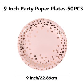 BOKFJBP 50 Pack Party Paper Plates 9 inch Pink and Gold Party Paper Plates Set,Disposable Plates Dinner Plates Party Tableware for Birthday Decorations Christmas Happy Birthday Party Weddings