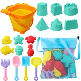 18 Pcs Kids Beach Toys Collapsible Bucket And Spade Set With Castle,Sea Animals Molds And Sand Shovels Mesh Bag For Kids Sand Tools
