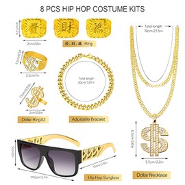 8 Pcs Hip Hop Costume Kit, 80s 90s Disco Costume Outfit Gold Digger Fancy Dress, Dollar Sign & Kanji Ring, Necklace, Punk Sunglasses, Fake Gold Chain Bracelet, Rock Star Rapper Accessories