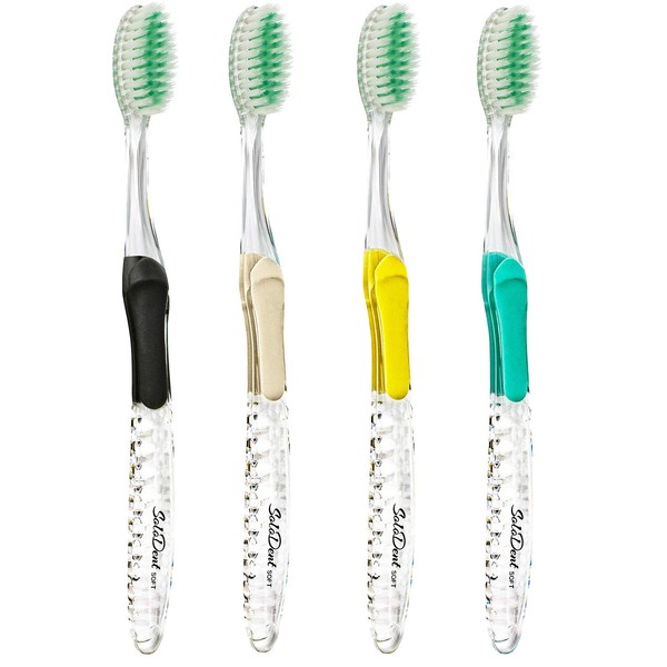 Solodent Toothbrush Soft, Silver & Jade Flossing Bristles (Pack of 4) Colors may vary