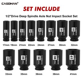 CASOMAN 1/2” Drive Deep Big Impact Socket Set, 13-Piece Large Spindle Axle Nut Impact Wrench Socket Set, 6 Point, CR-MO, Metric, 17mm - 41mm